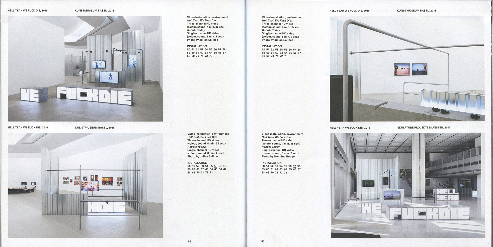 Book spread that shows four images of various installation views of the same art work. Text describing the work sits next to each image.