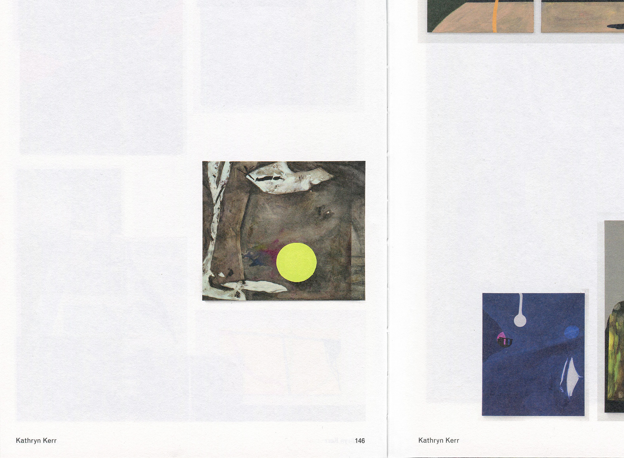 A clos-up of a book spread. A few images of paintings are scattered over the spread. Images printed on the other side of the page are slightly visible.