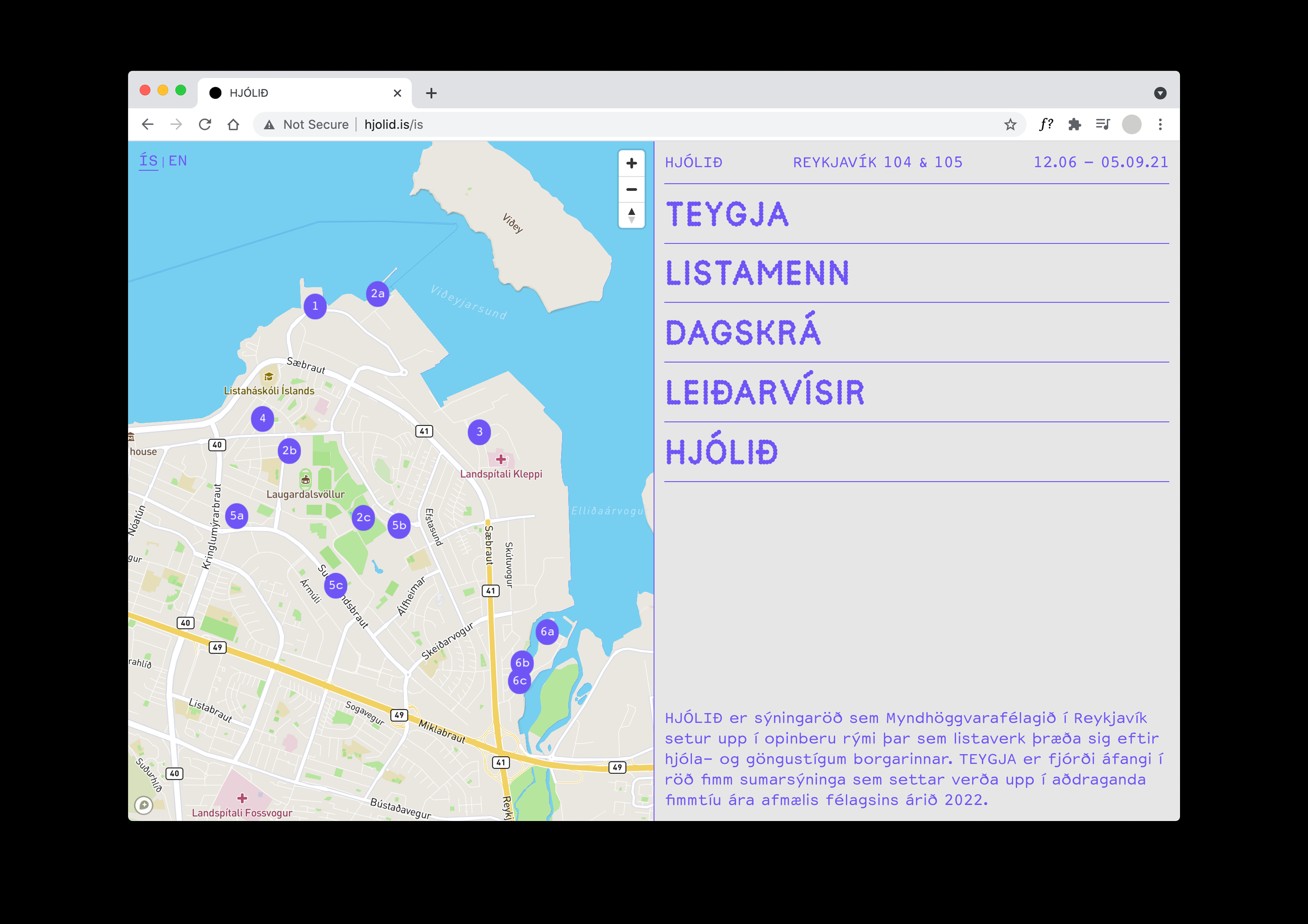 browser window on a black background. The website is vertically split in half. One half is a map with purple markers, and the other half is a menu. The menu is set in a purple display font, the background is a light gray.